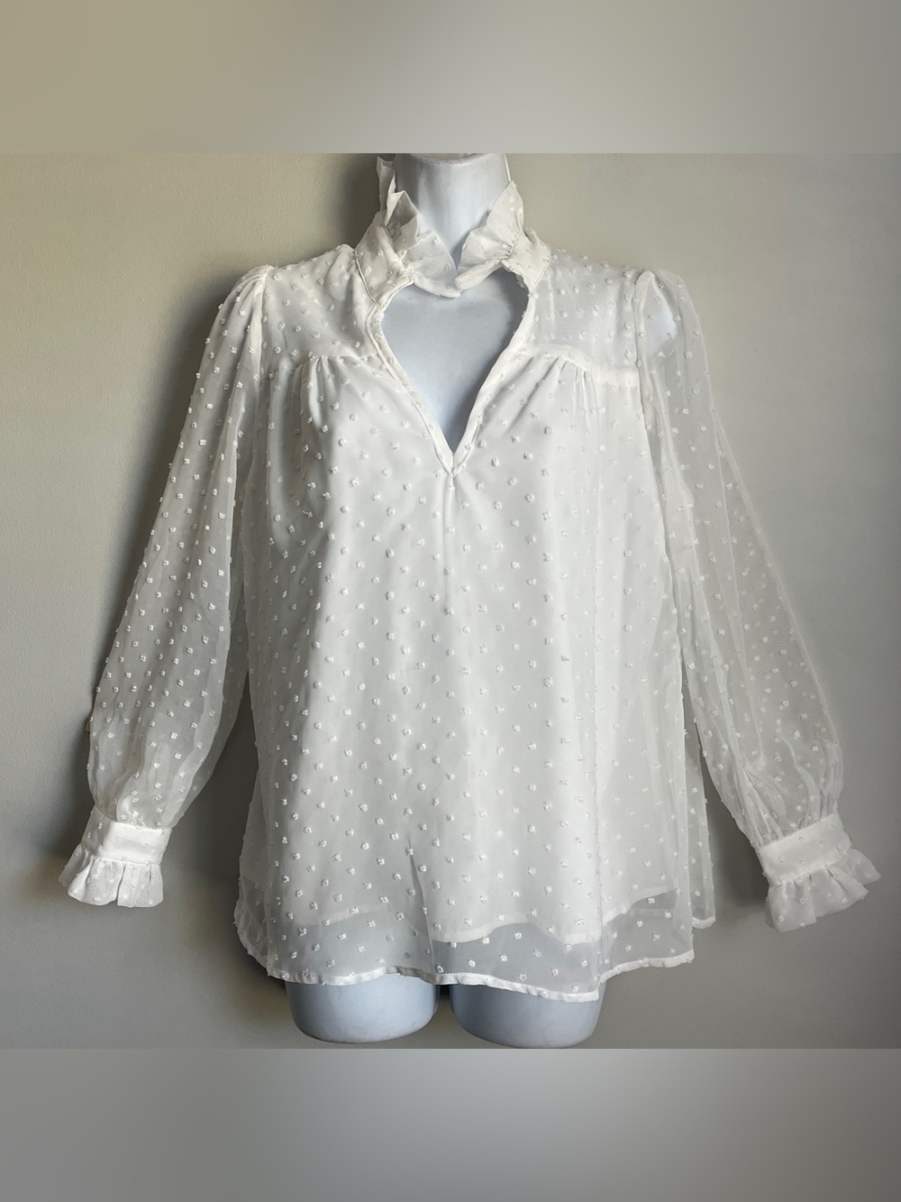 CK Bradley Women’s White Ruffle High Neck Chiffon Blouse Swiss Dot Blouse S